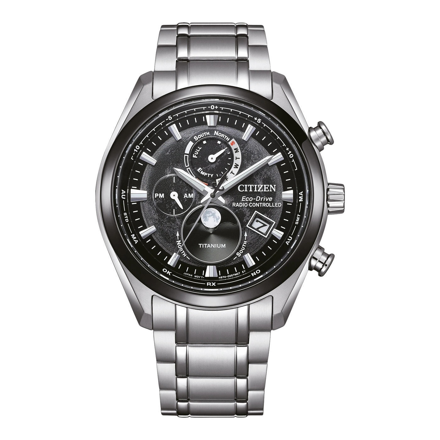 Montre Citizen Eco-Drive Radio Controlled en argent avec cadran noir et détails argentés.