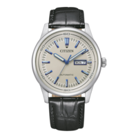 Montre Citizen avec bracelet en cuir noir et cadran argenté, automatique.