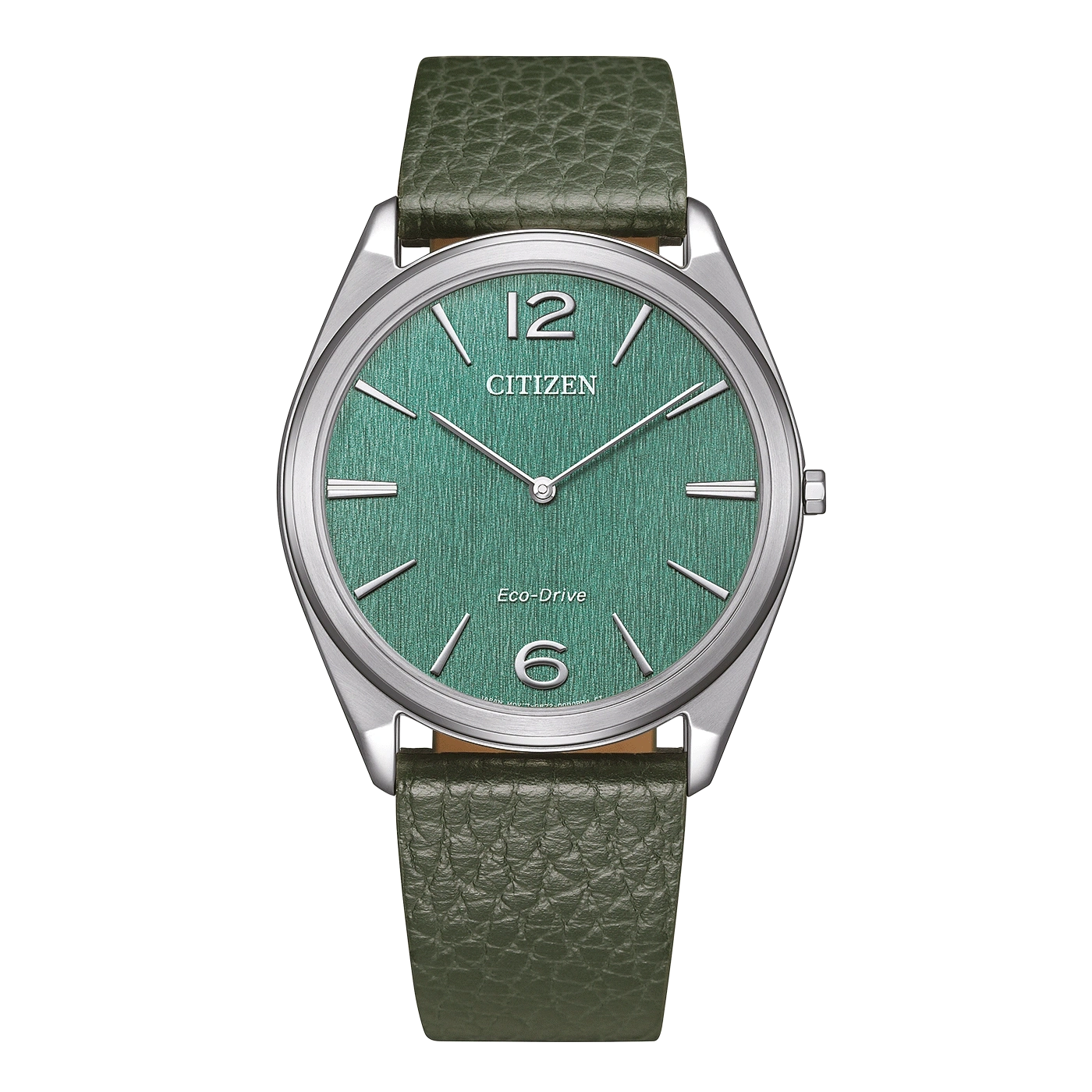 Une montre Citizen verte avec un bracelet en cuir texturé.