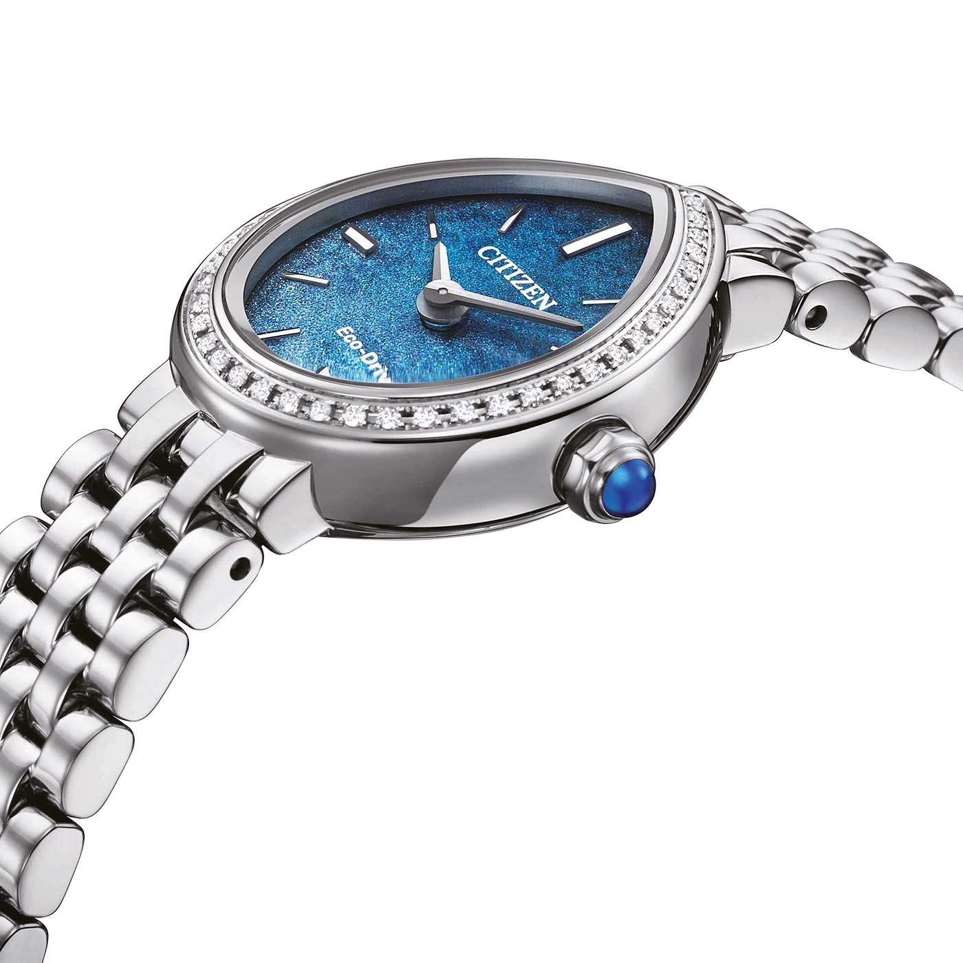 Eine Citizen-Damenuhr mit Silberarmband und blauem Zifferblatt, besetzt mit Diamanten.