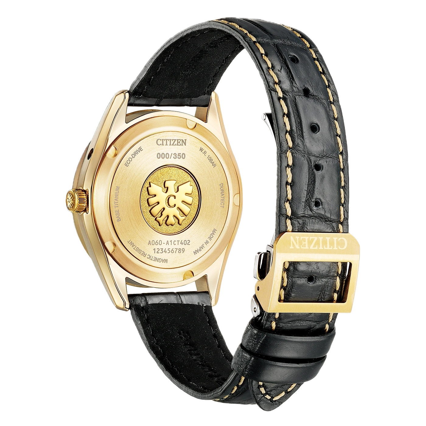 Montre Citizen en or avec bracelet en cuir noir et coutures dorées.