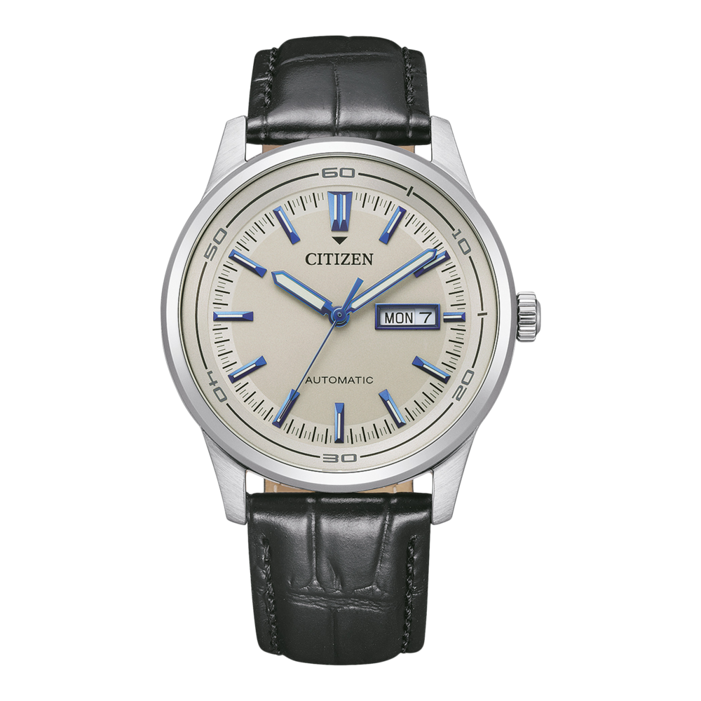 Montre Citizen avec bracelet en cuir noir et cadran argenté, automatique.