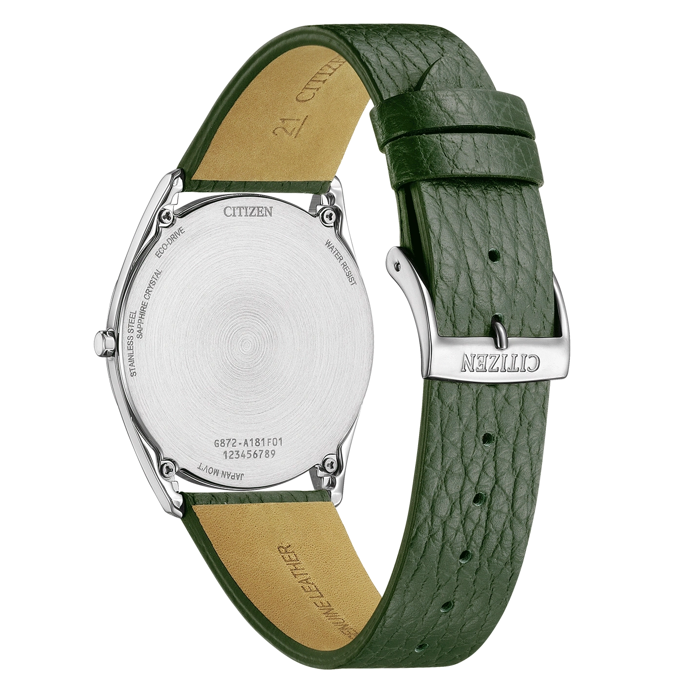 Montre Citizen verte avec bracelet en cuir et boucle argentée