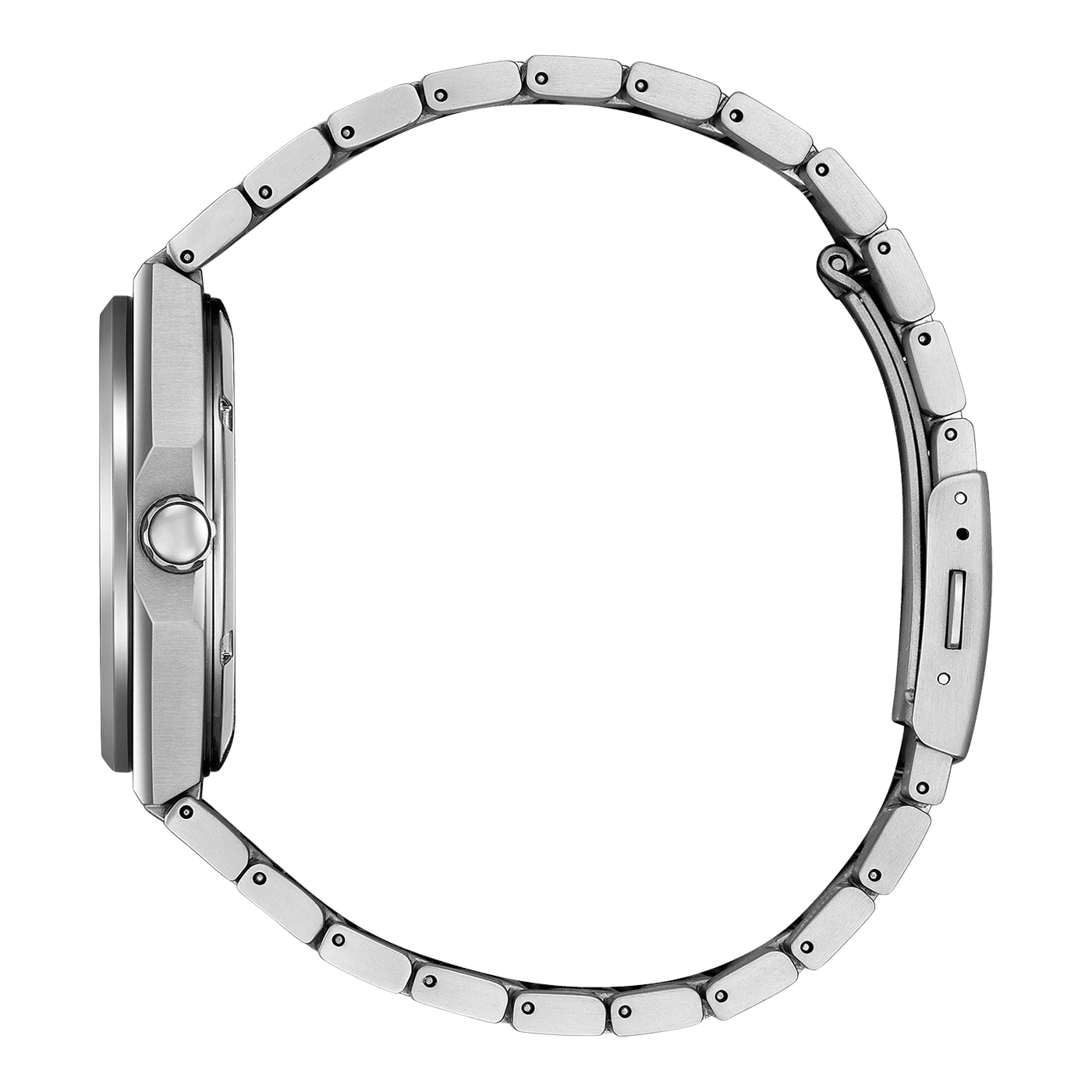 Vue latérale d'une montre bracelet en acier inoxydable sur fond blanc.