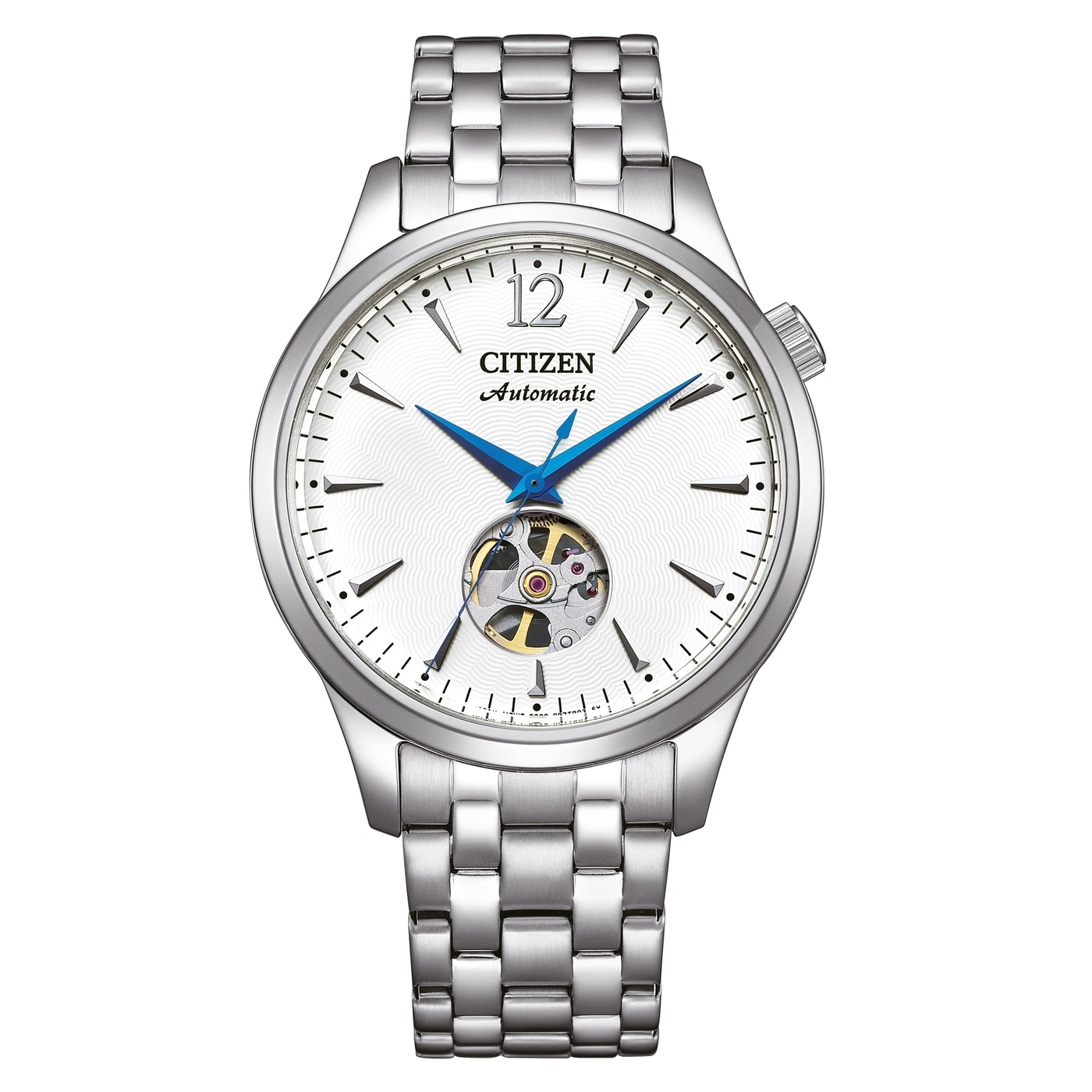 Montre Citizen automatique argentée avec cadran blanc et mouvement apparent.