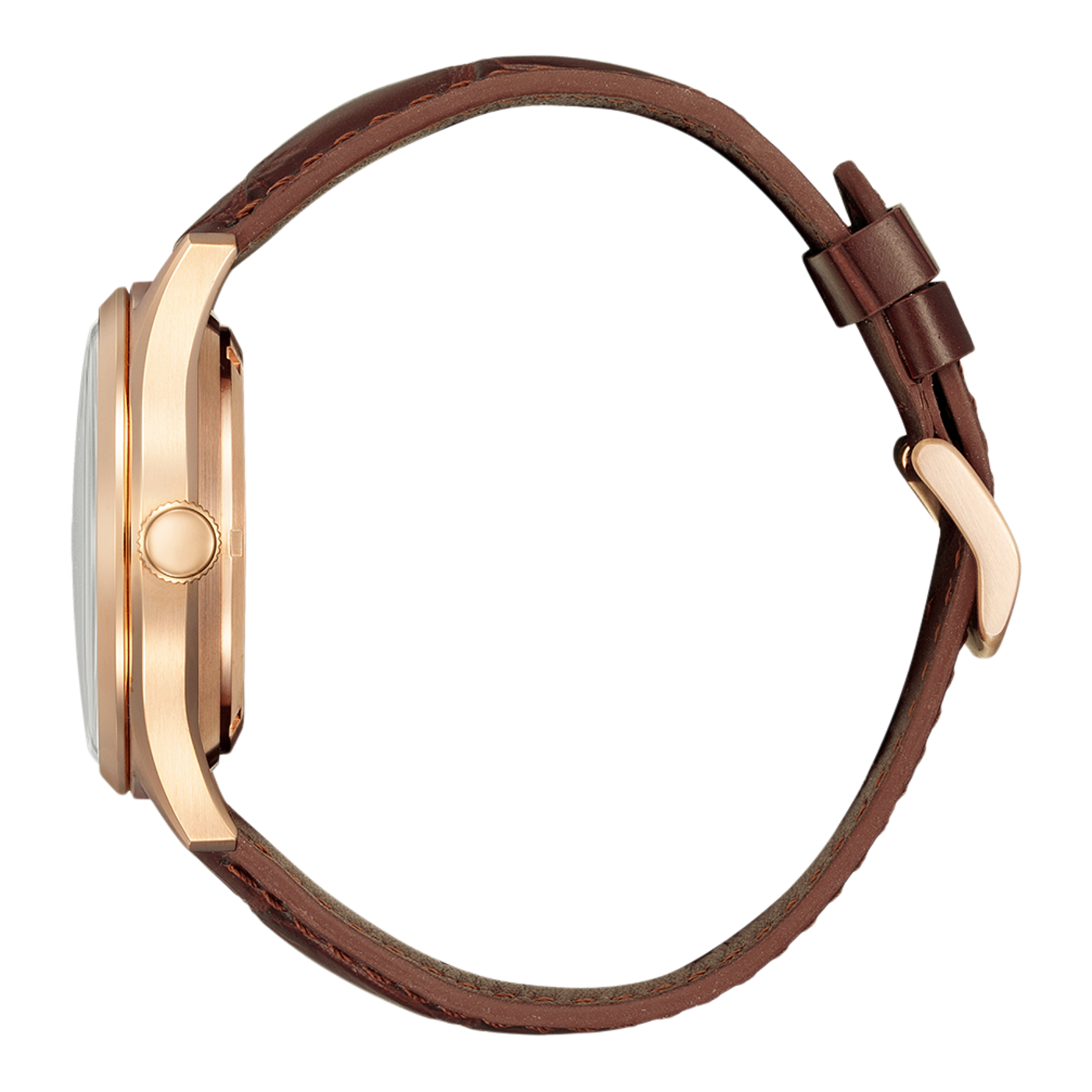 Vue latérale d'une montre dorée avec un bracelet en cuir marron.