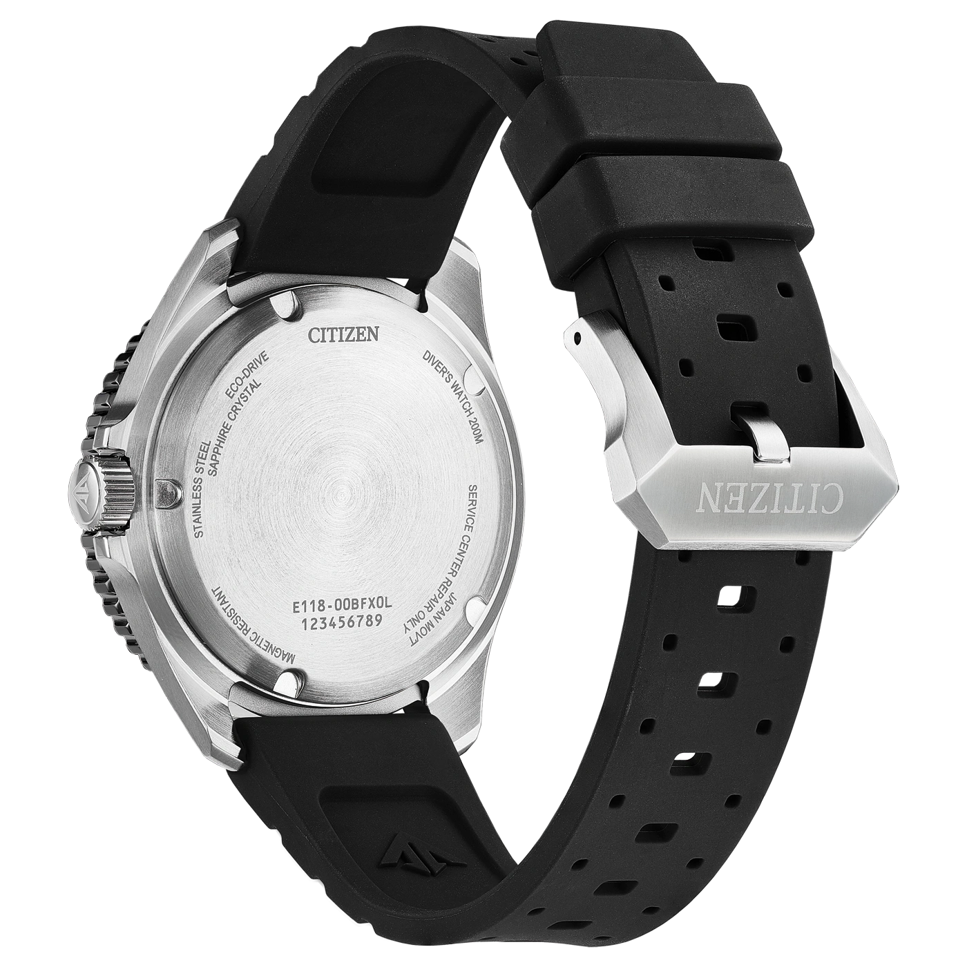 Vue arrière d'une montre Citizen avec bracelet en caoutchouc noir