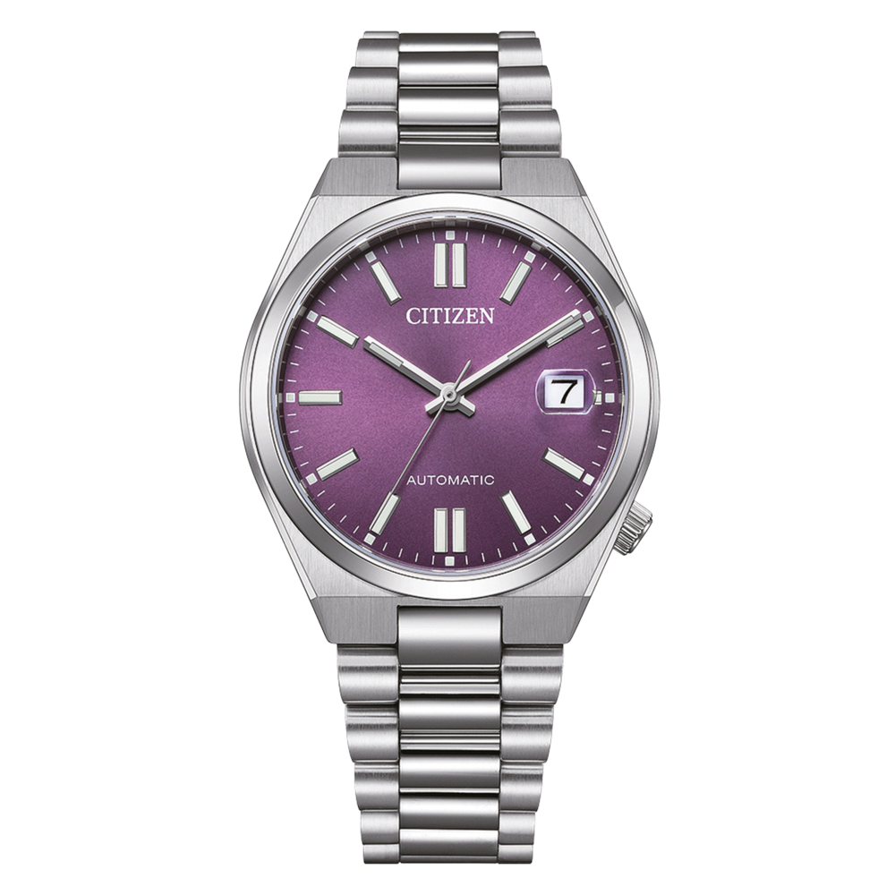 Montre Citizen avec cadran violet et bracelet argenté, automatique.
