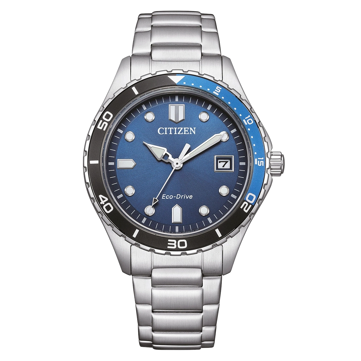 Une montre Citizen Eco-Drive bleue avec bracelet en acier inoxydable.