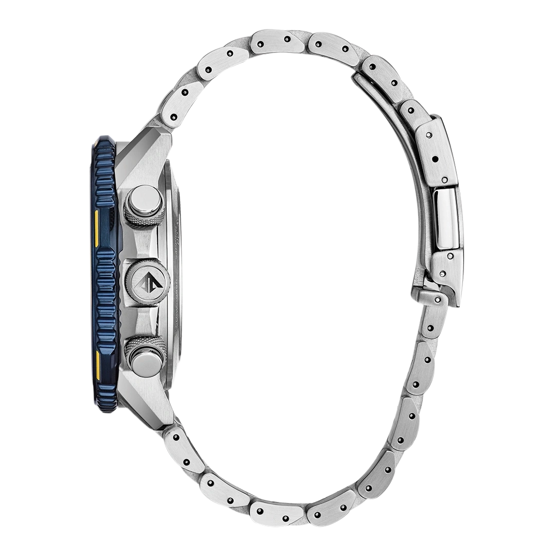 Montre chronographe bracelet argenté avec lunette bleue et jaune