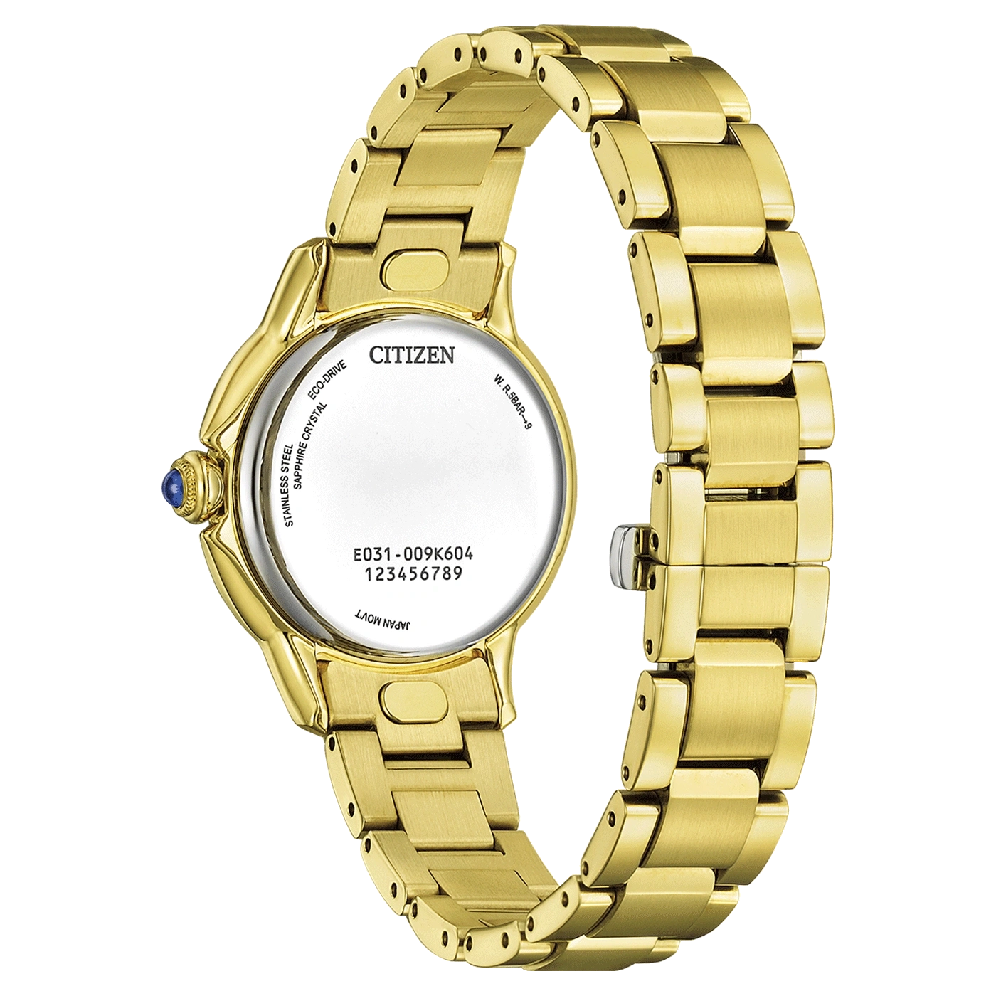 Eine Nahaufnahme der Rückseite einer goldenen Uhr mit dem eingravierten Markennamen 'Citizen'.