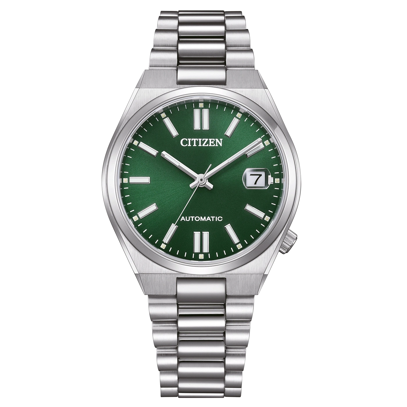 Montre Citizen verte à bracelet métallique, avec date.