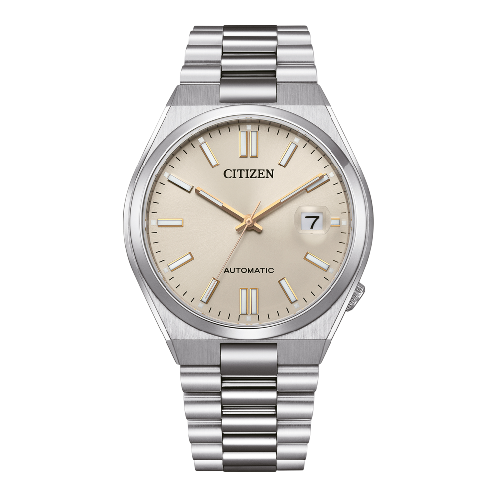 Montre Citizen automatique avec cadran champagne et bracelet en argent.