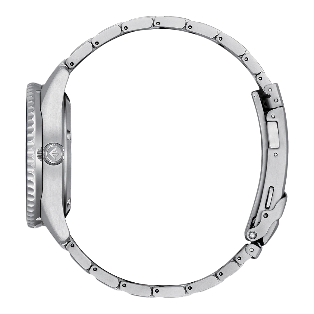 Seitenansicht einer Armbanduhr aus Edelstahl mit Faltschließe.