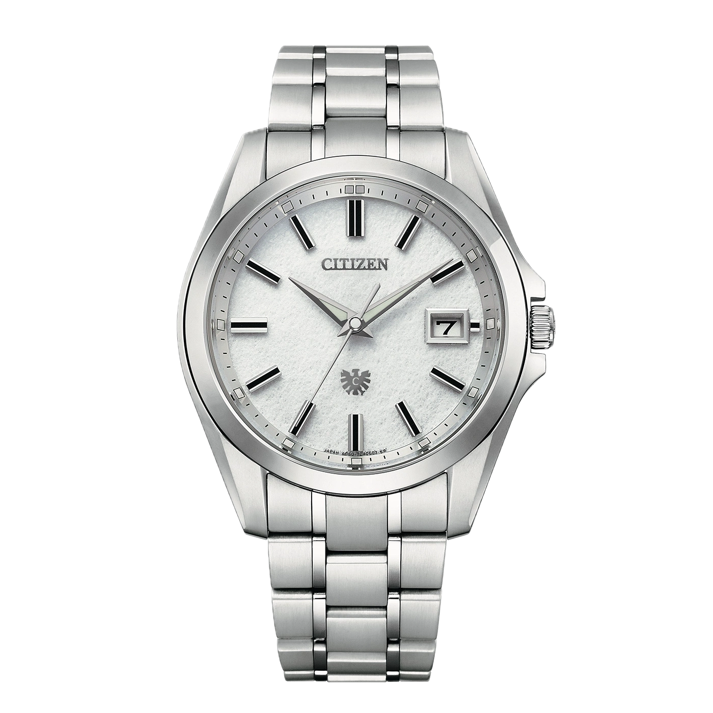 Montre Citizen argentée avec cadran texturé blanc et date.