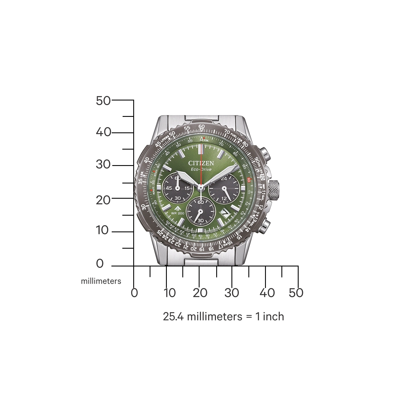 Une montre Citizen Eco-Drive verte sur un fond blanc avec une règle graduée.