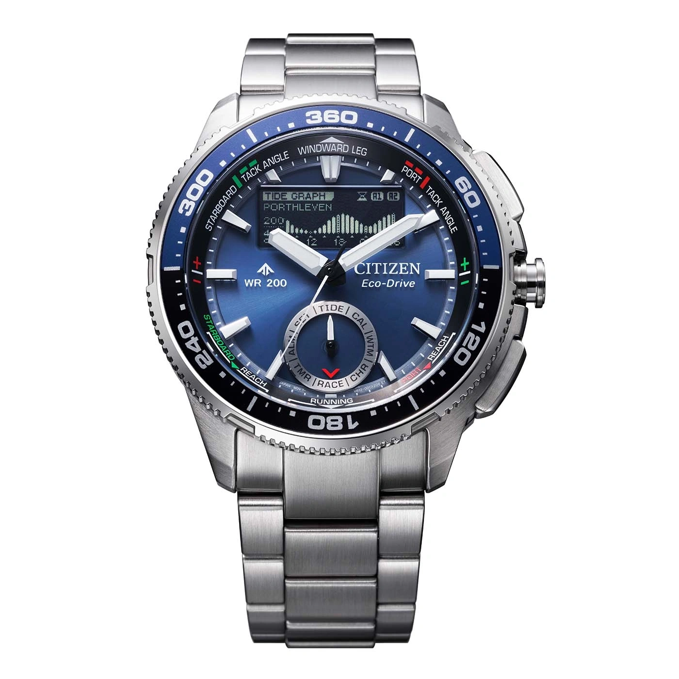 Citizen Herrenuhr mit blauem Zifferblatt und silbernem Metallarmband.