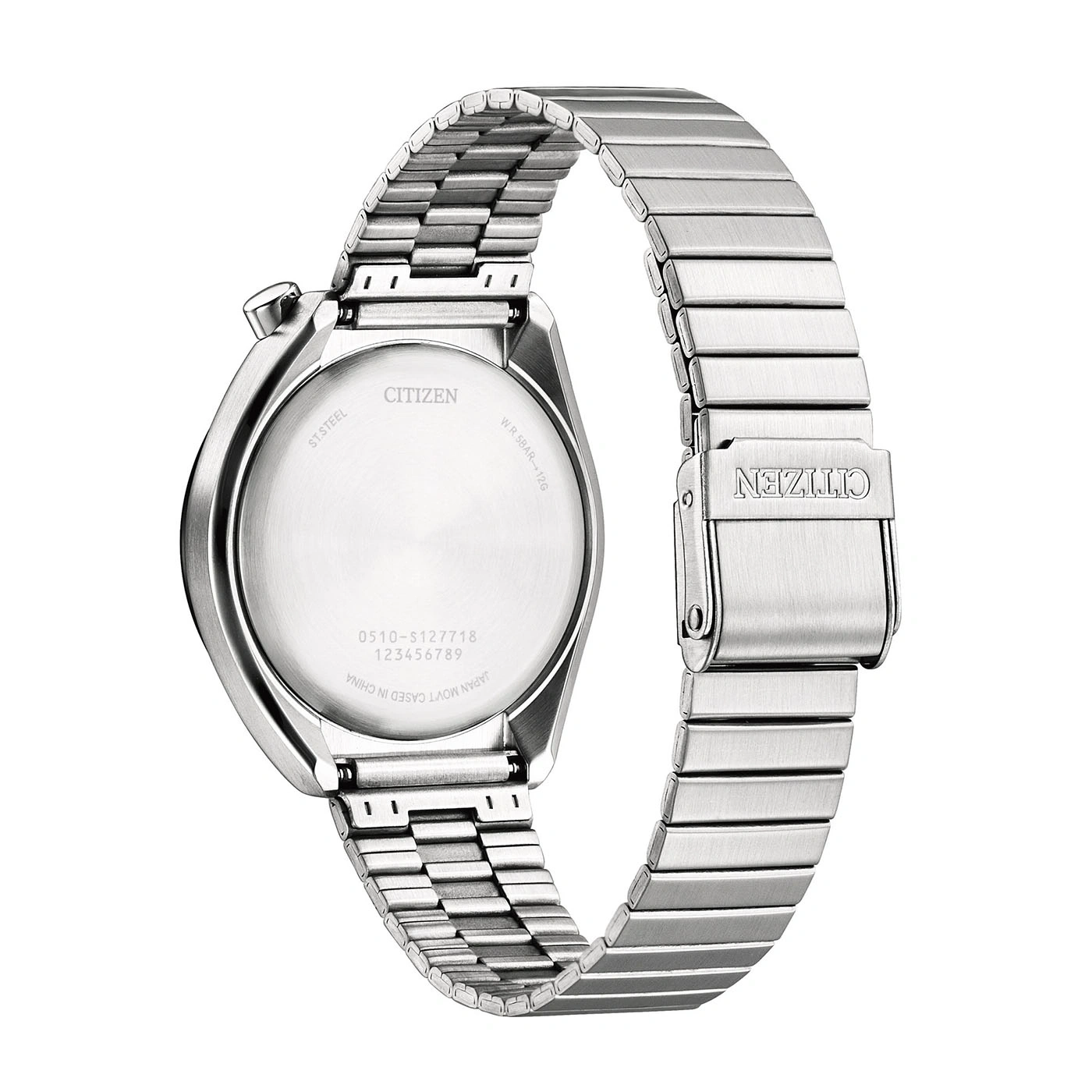Une vue arrière d'une montre Citizen argentée avec un bracelet métallique extensible.