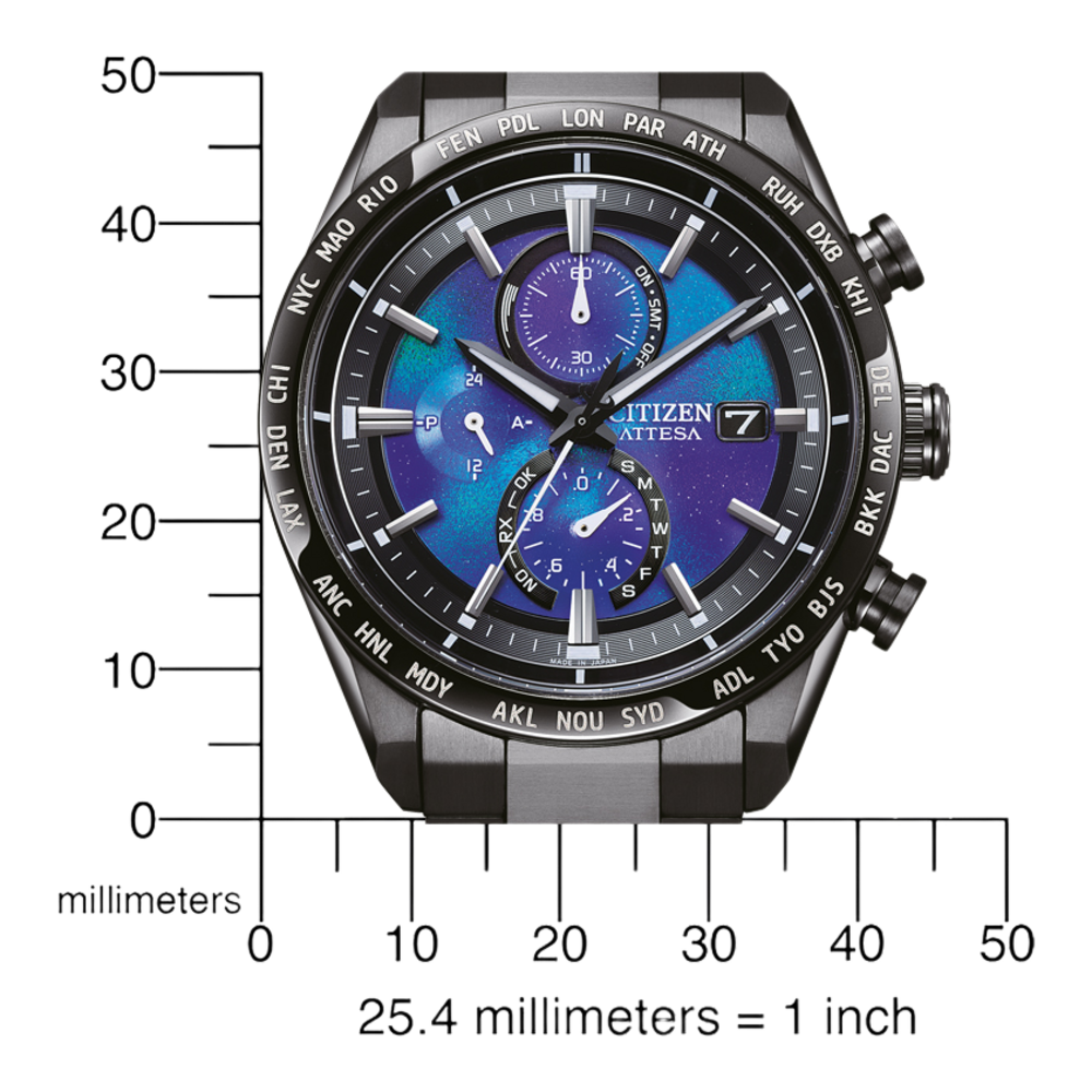 Montre Citizen Attesa avec cadran cosmique, boîtier noir et échelle en millimètres.