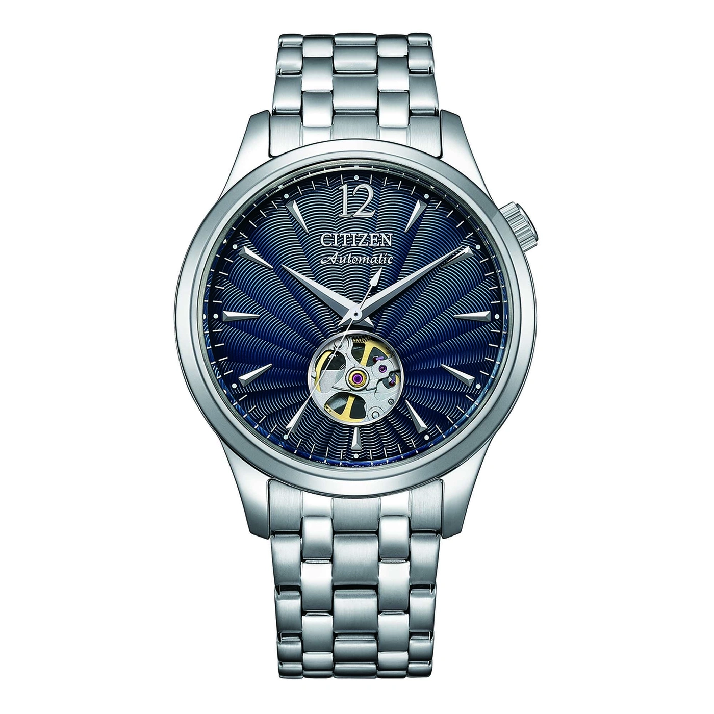 Montre Citizen automatique argentée avec cadran bleu texturé et ouverture sur le mécanisme.