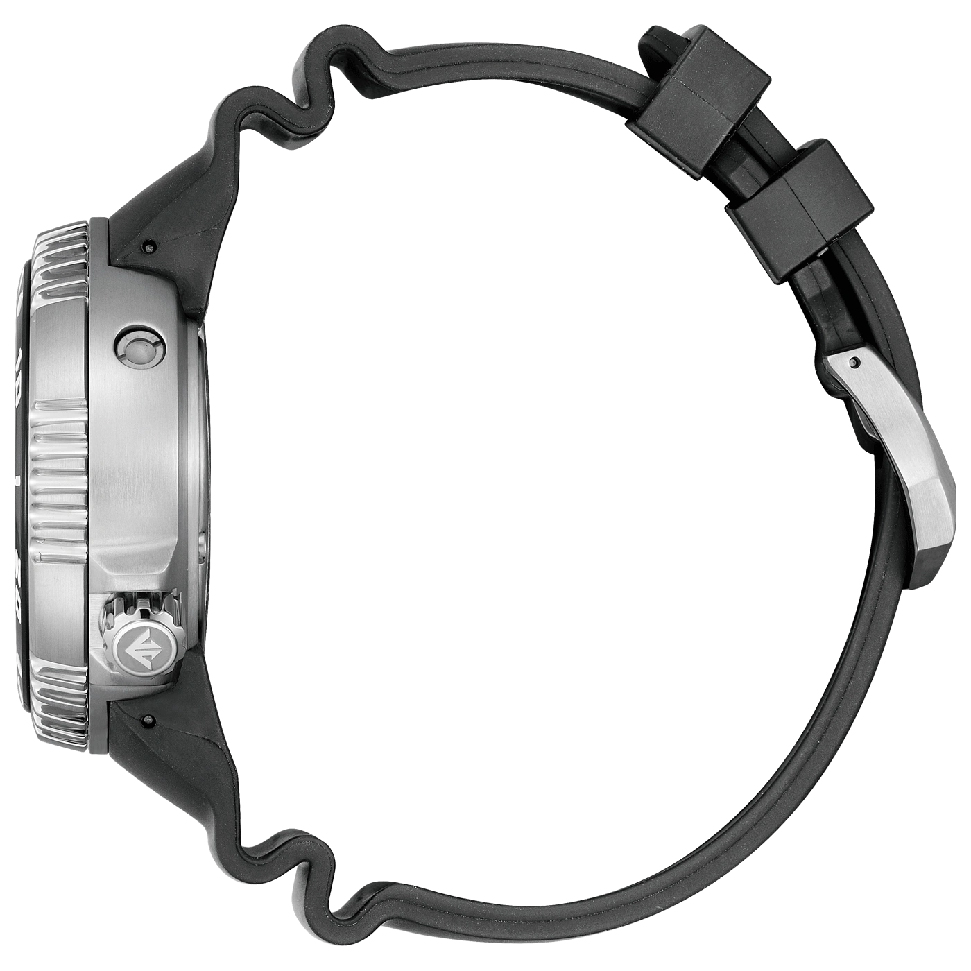 Vue latérale d'une montre de plongée avec bracelet en caoutchouc noir.