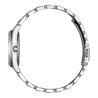 Vue latérale d'une montre-bracelet argentée avec bracelet en métal, design élégant.