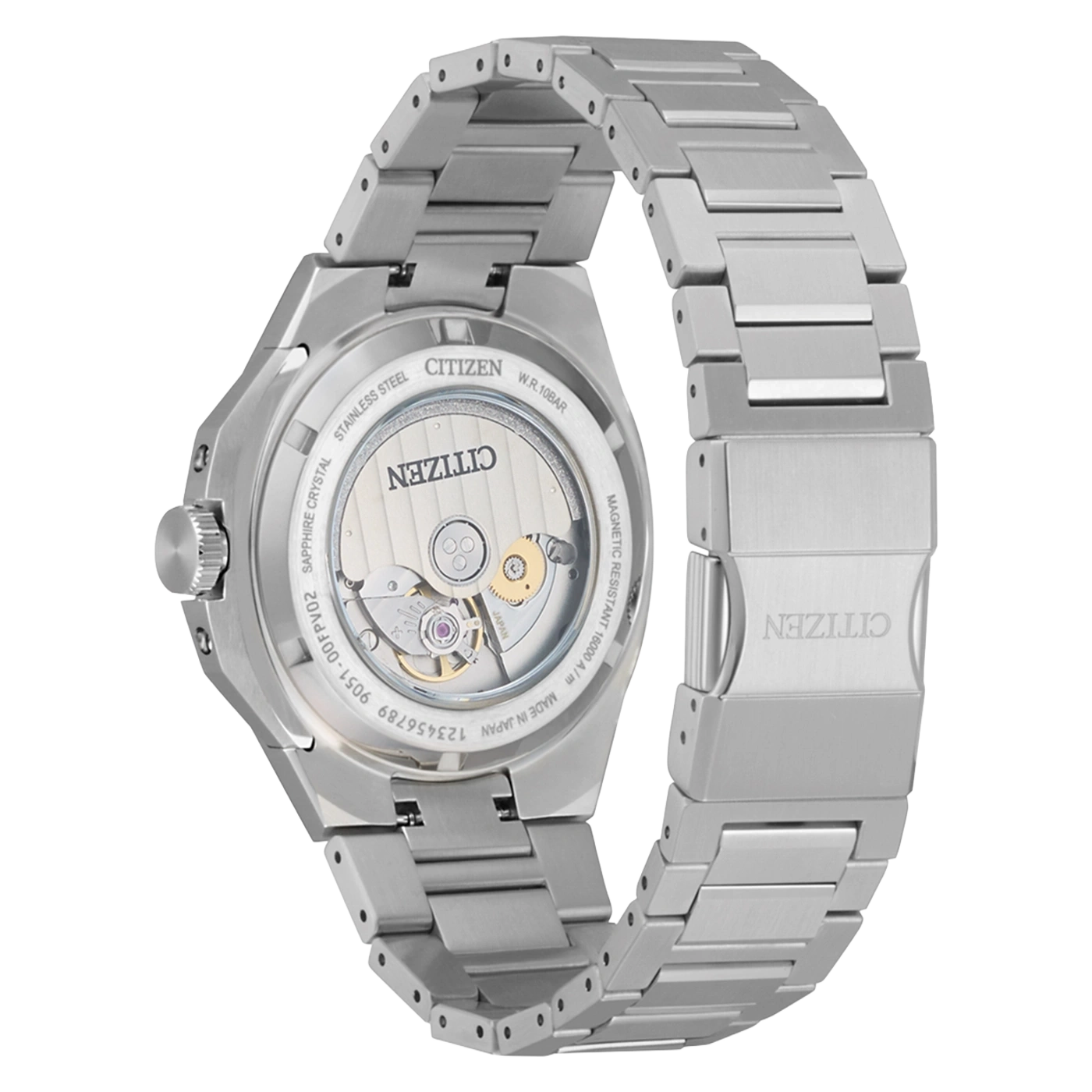 Le dos d'une montre Citizen en acier inoxydable avec un mouvement visible.