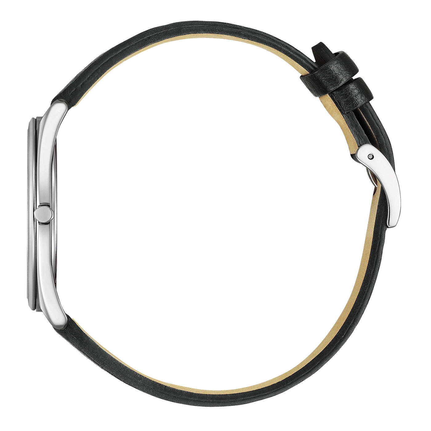 Montre bracelet en cuir noir vue de profil sur fond blanc
