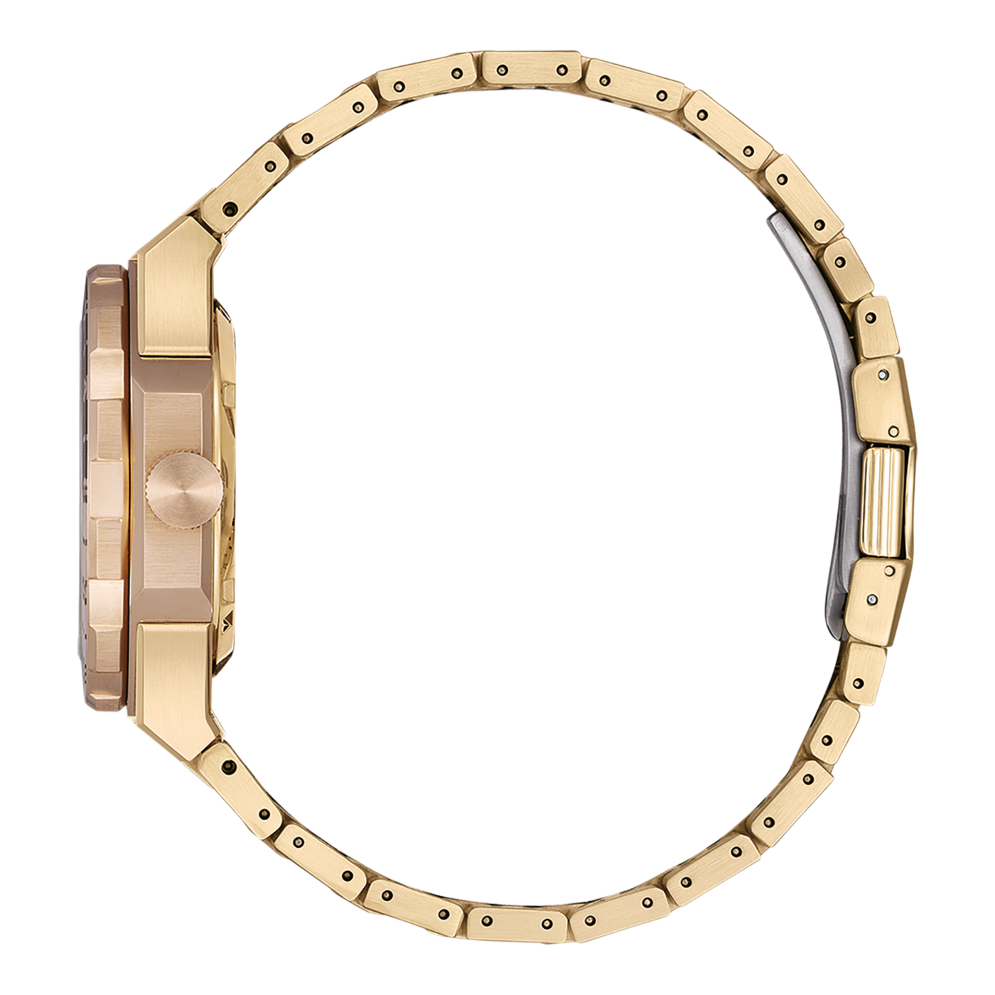 Montre dorée avec bracelet doré, vue latérale, design élégant, accessoire de luxe