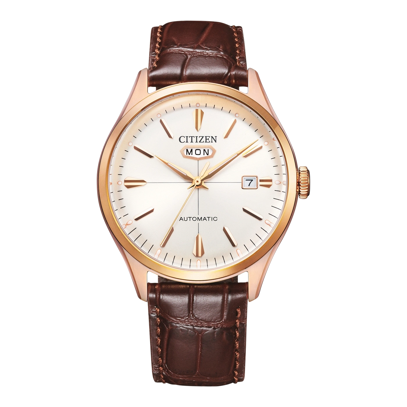 Une montre Citizen avec un bracelet en cuir marron et un cadran blanc.