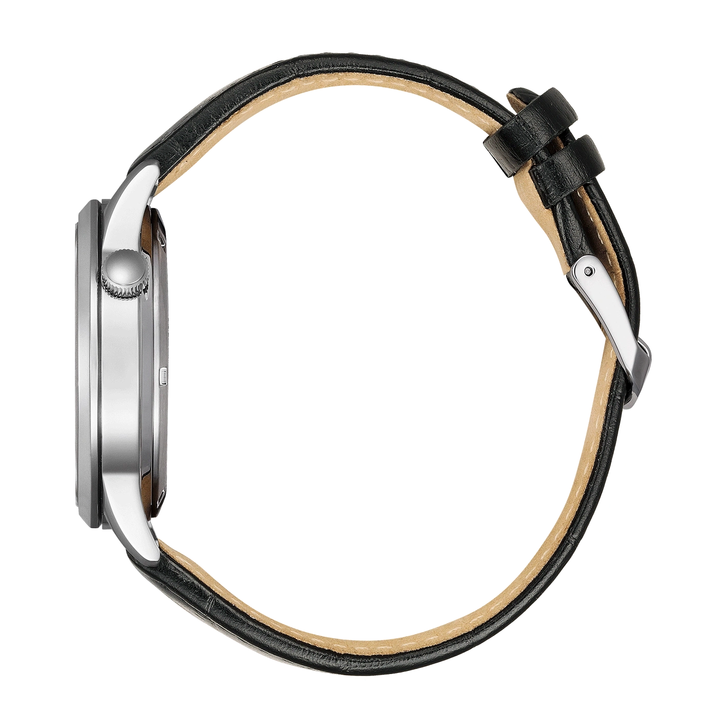 Gros plan sur le côté d'une montre avec bracelet en cuir noir.
