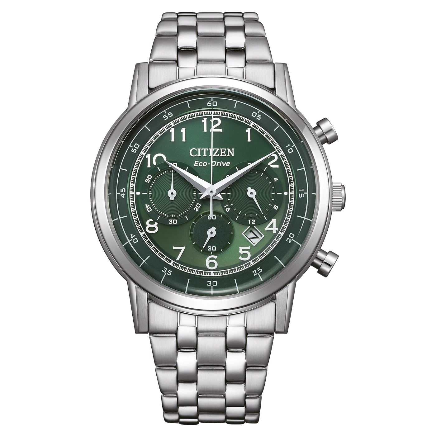 Montre homme Citizen avec cadran vert et bracelet en argent.