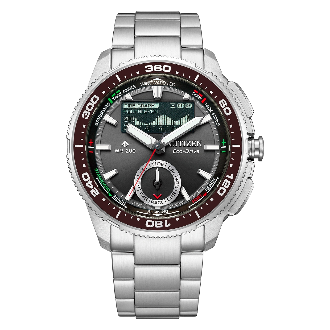 Montre Citizen Eco-Drive avec cadran numérique affichant les marées et l'heure.