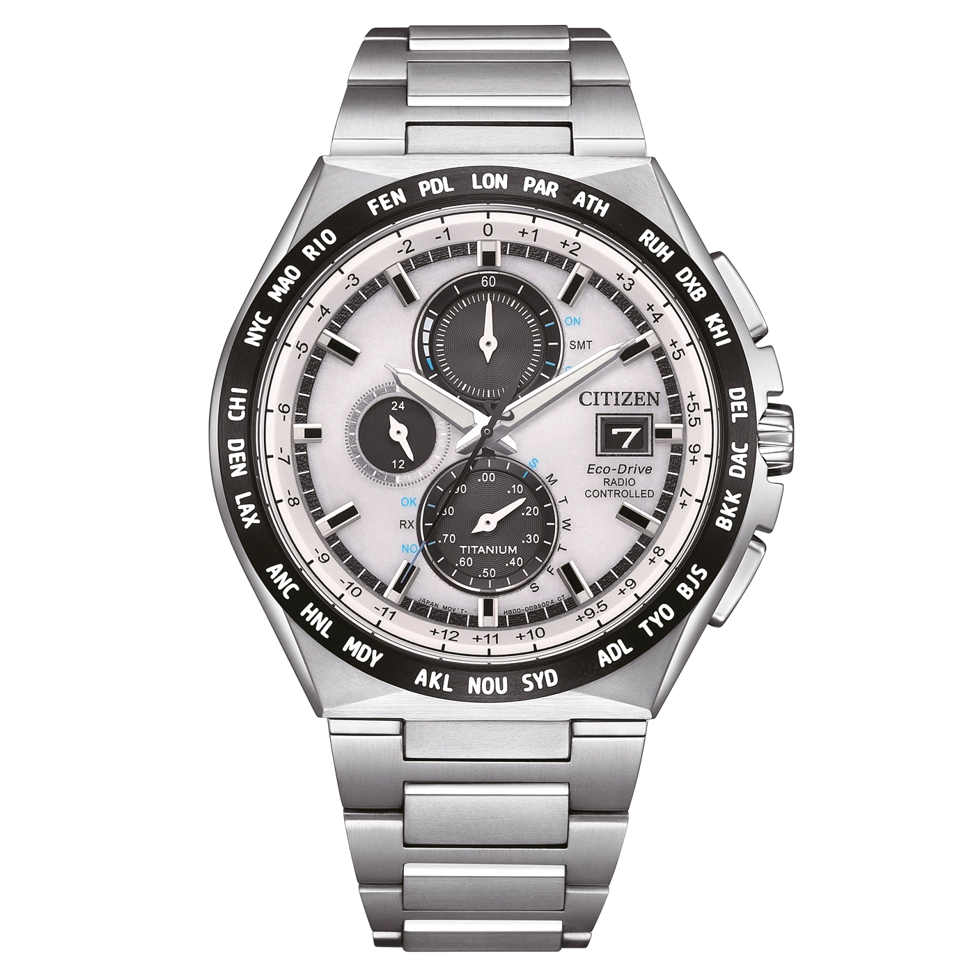 Montre Citizen en argent avec cadran blanc et indications de villes du monde.