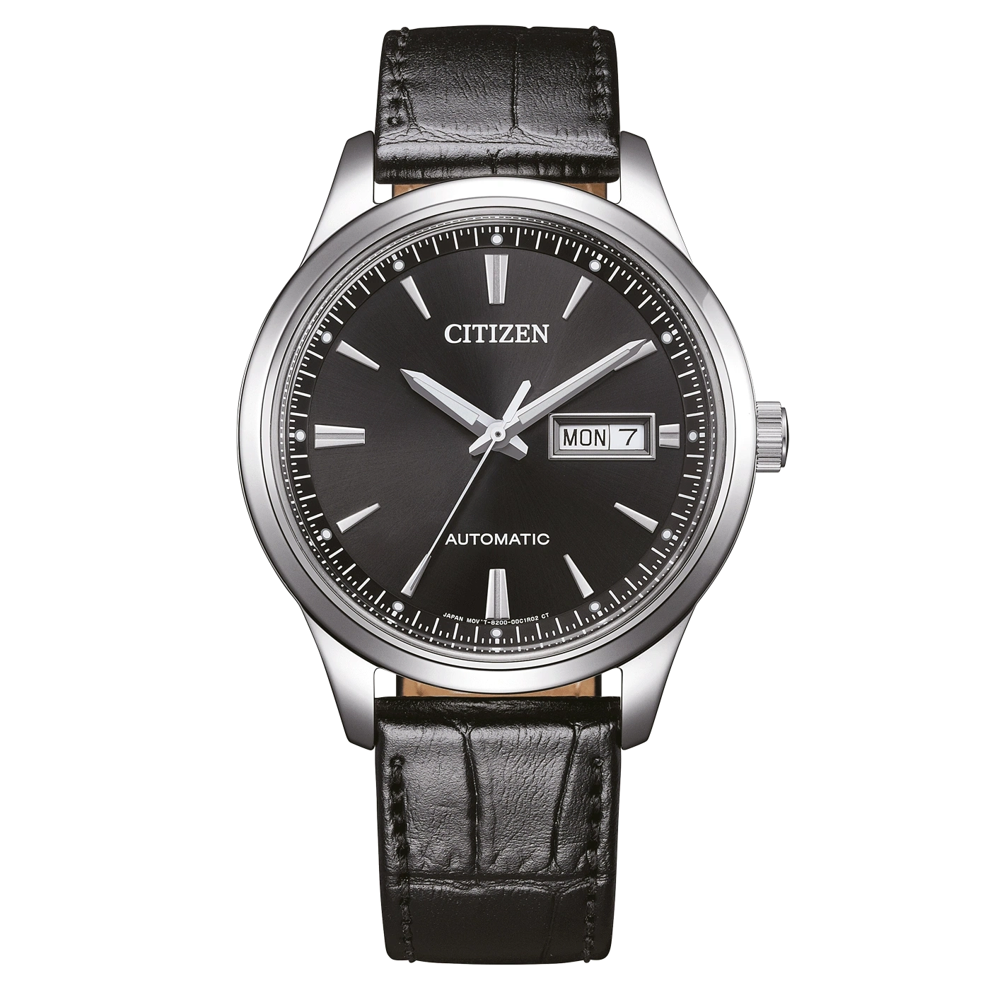 Une montre Citizen homme avec un bracelet en cuir noir.