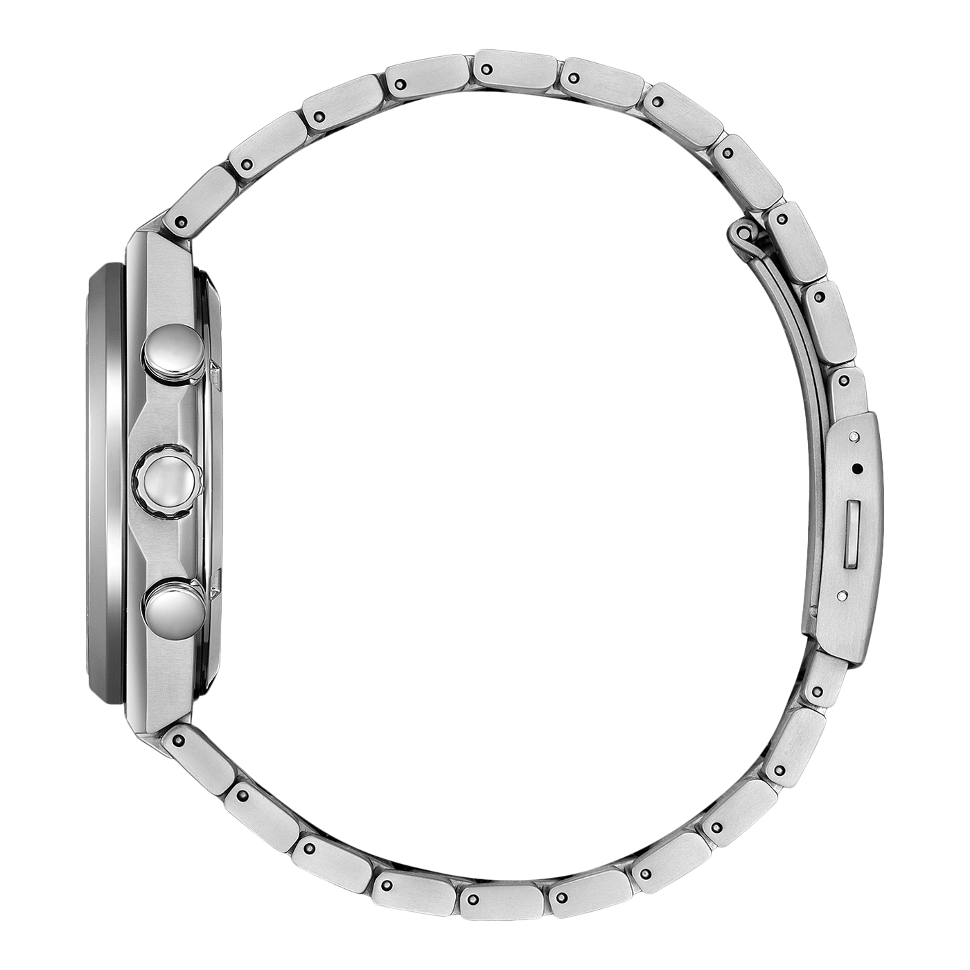 Montre bracelet en argent vue de côté avec des boutons sur le côté.