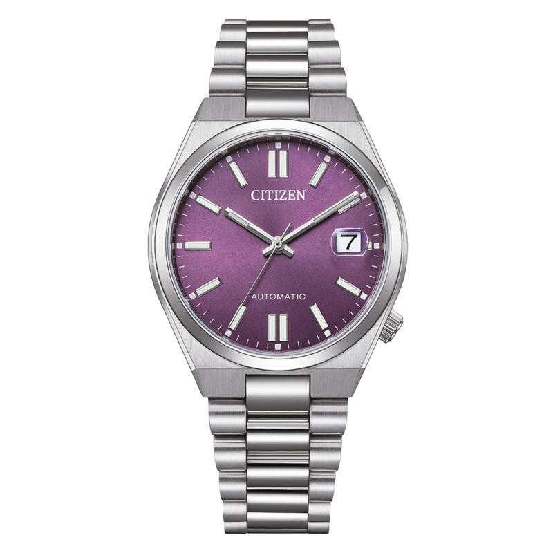 Montre Citizen avec cadran violet et bracelet argenté, automatique.