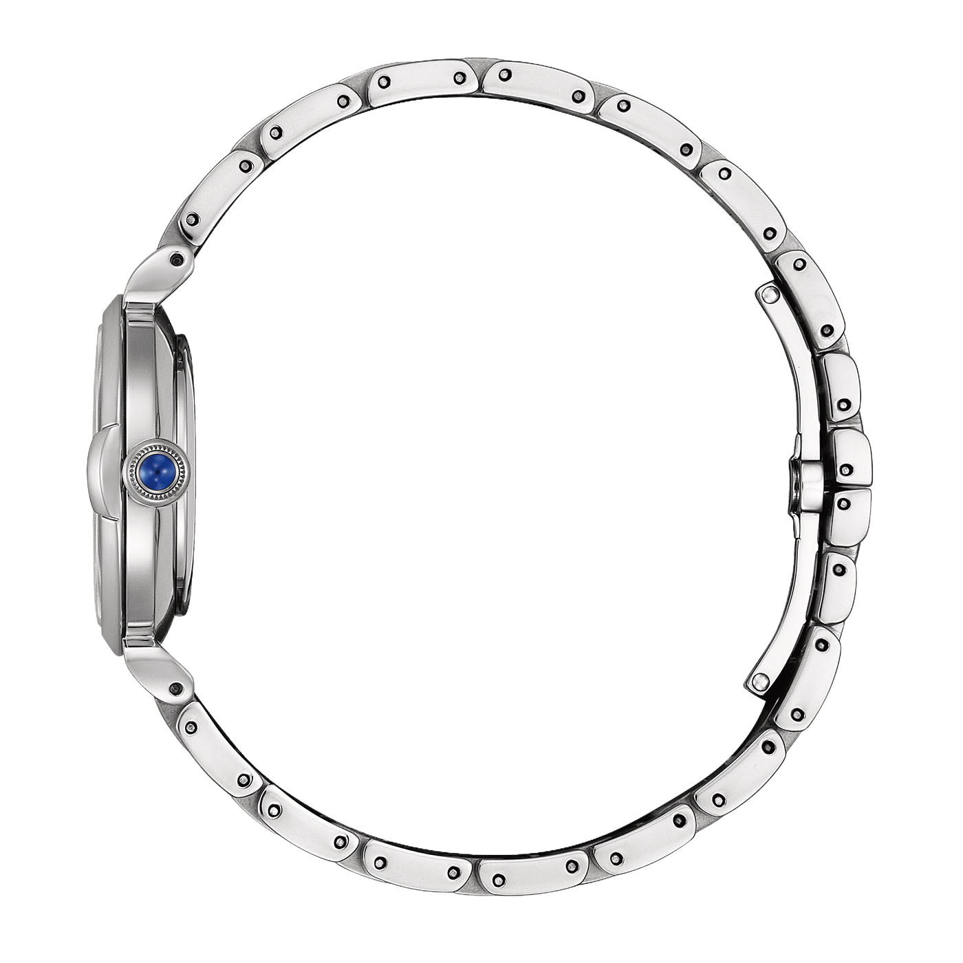 Montre bracelet en argent avec une pierre bleue sur la couronne.